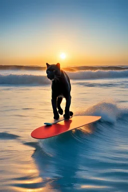 [high res photo by John Witzig] A humanoid panther with spotted fur rides a long board down a blue wave, standing, the setting sun glowing red.