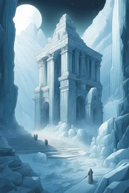 An ancient city trapped in an eternal glacier. The necropolis seems frozen in time. Fine line draw