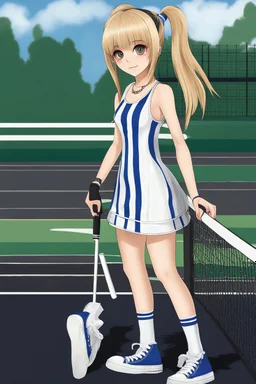 General Fast V2 (Flux), Create a realistic image of a female with long, straight blonde hair, the bangs cut straight across the forehead, hazel eyes, wearing a sleeveless, strapless, blue and white-striped nylon extremely short mini dress with a plunging neckline, knee high white socks and black converse tennis shoes, happy facial expression