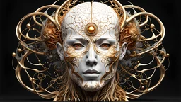 3D rendering of a celestial head of an impressively detailed and complex hyper-realistic "human anatomy": scientific, single object, glossy white, shiny gold, vines, tribalism, black background, shamanism, cosmic fractals, octane rendering, 8k post-processing, detailed metallic bones, dendritic, artstation: award-winning: professional portrait: atmospheric: commanding: fantastic: clarity: 16k: ultra quality: astounding: shine: stunning colors: stunning depth