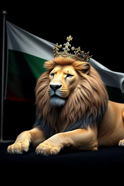 Create a highly detailed, hyper-realistic 3D-rendered image of a majestic lion lying down, wearing a royal crown. The lion's fur should be rich and textured, with a regal and powerful presence. Behind the lion, the flag of the Republic of Bulgaria(white, green,red) waves gracefully, its white, green, and red colors vivid and well-defined. The background should be an elegant, deep black, creating a striking contrast that enhances the grandeur of the lion and the flag. The lighting should be drama