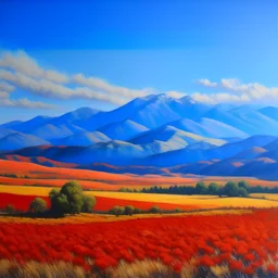 detailed, painted landscape with blue mountains in the background, blue sky, and red fields in the foreground