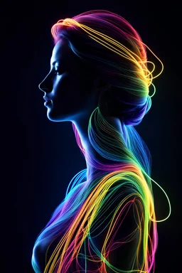 (Ultra Long Exposure Photography)) high quality, highly detailed, Colorful beautiful woman silhouette made of ultra bright neon strings, beautiful silhouette, by yukis