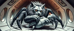 gritty air brush 3d with pen outline, vampire space spider lion cat holding a human in its grip, pin hole cam in doll house space ship