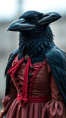 a crow wearing a woman dress , realistic , pro photography , high quality, and cinematic scene