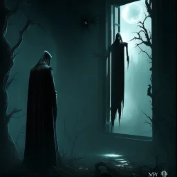 Tall thin Creepy Dark black figure scratching the outer window pering inside,horror , dark fantasy