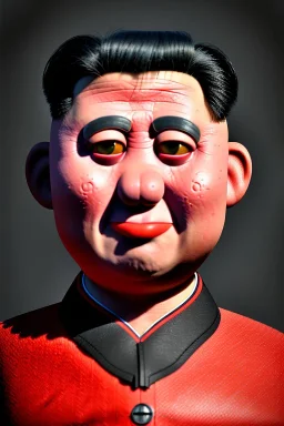 Waist up muppet Portrait, Kim Jong-un muppet doll, black suit, photo studio, red background, unreal engine 5, concept art, art station, god lights, ray tracing, RTX, lumen lighting, ultra detail, volumetric lighting, 3d.