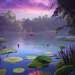 highly detailed indian lake with lotus landscape with jungle, sunset, illustration, cinematic lighting, 4k, 8k, octane render, digital concept art, trending on artstation, pinterest, extremely detailed, ambient lighting.