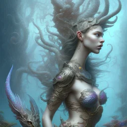 sango fantasy, fantasy magic, intricate, sharp focus, illustration, highly detailed, digital painting, concept art, matte, artgerm and paul lewin and kehinde wiley, masterpiece sexy lips African lady crab body mermaid tiger head turquoise space lady beach sea under water mermaid seaweed