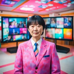 AI mayor inside TV, Japan, facing the camera, bright colors