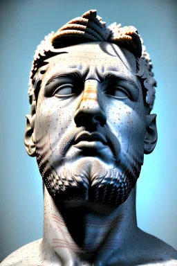 Ultra Realistic image, roman sculpture, white marble material, Lionel Messi, gold winner Laurel crown, miguel angel style, chisel style, emperor, waist up portrait, epic, celestial style, cinematic lighting, God light, god rays, 4k resolution, smooth details, ornate details, soft lighting, unreal engine 5, sky and clouds background.