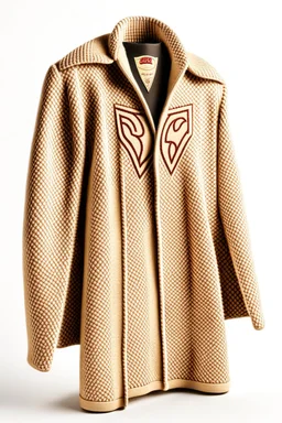 Superman's Balenciaga overcoat Winter elegant inspired by Superman's emblem design beige tones with dual color on a white background, product catalog photography, soft spot lighting, depth of field, 4k –ar 3:5 –q 2