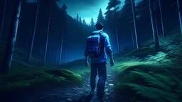 a men wearing half blue pant walking in open mountain forest, night view and first person perspective, with playstation 5 graphics