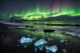 black beach with pieces of ice on the sea and northern lights with a big volcano on the fire