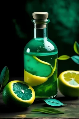 Potion with water, green leaves, lemon slice