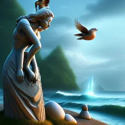 beach, stone sculpture and bird, movie poster, fantasy art, misty