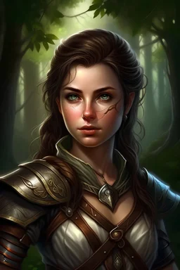 Portrait of an D&D rogue adventurer elve with brown eye color, brown hair, solo, pinup, wearing classic adventuring leatherarmor, realistic eyes, girl, solo, canvas painting, dark colors, realistic Rembrandt lighting, dark forest background