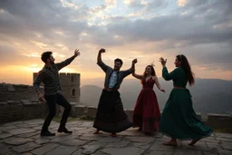 a group of Turkish young men an women is dancing in Babak Castle in Iran west north ,cloudy sun set sky