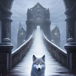 fantasy art, book cover, upper body of wizard in front of the ebony stairs of a bridge or dam ,icy water, on the bridge is a wolf, there is also a hawk