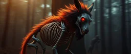 radiant werewolf donkey Skeleton with fluffy fur, motion blur background dark forest