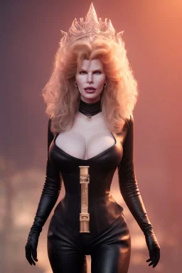 Kim Basinger as evil queen in black leather, busty, cleavage, curvy, angry, stern look. character design by cory loftis, fenghua zhong, ryohei hase, ismail inceoglu and ruan jia. unreal engine 5, artistic lighting, highly detailed, photorealistic, fantasy