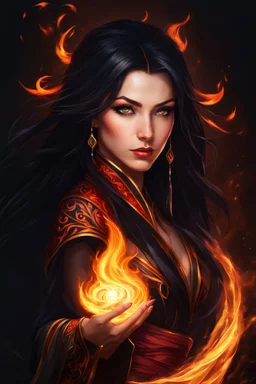 a beautiful fire mage. Intense flames burst forth from her eyes, underscoring her mystical abilities. arcane garments, with fire dancing over her and her untamed black hair.