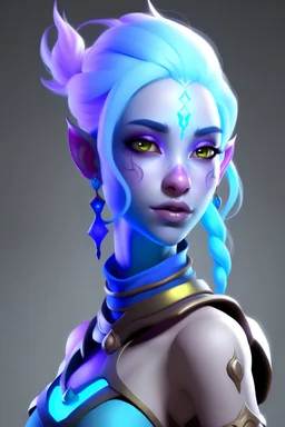 Create a Air Genasi Female with light blue skin and purple hair with etherial tendrals coming from behind her