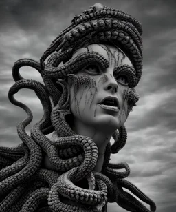 Eerie otherworldly madusa statue in white and black, magnificent, majestic, highly intricate, gigantic, derelict statue Realistic photography, incredibly detailed, ultra high resolution, 8k, complex 3d render, cinema 4d.