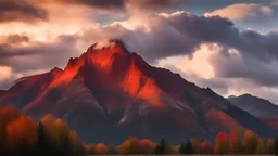 Big autumn clouds were moving around the mountain As dusk and sunset approaches, the big clouds spread over the majestic mountain are red-orange from the sun