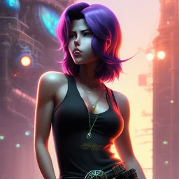 revy black lagoon, purple hair, black tank top, jean shorts, tribal sleeve left arm, portrait shinkai makoto, studio ghibli, studio key, madhouse anime studio, artgerm, lau rossdraws james jean marc simonetti pixiv