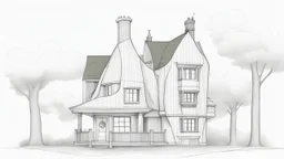 front elevation line drawing of a tall, narrow, warped fantasy house with a crooked chimney,