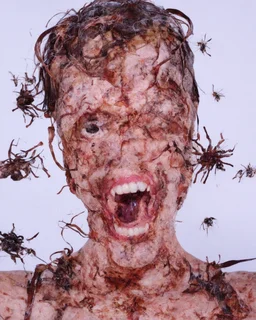 horror, swarming mechanical robotic insects, bugs, cockroaches, flies, spiders, ticks, parasites screaming person, pain, decay