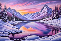 Winter landscape, frozen lake, snow, mountains, colorful pink, purple sunset, evening, realistic, professional award winning masterpiece, acrylic, detailed, realistic
