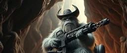movie poster, portrait interview cowboy Abominable Yeti in space ship in cave holding huge mounted chain gun