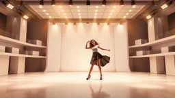 modern stage with a pretty lady in modern clothing dancing, 3D recursive structure animating background