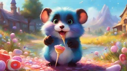 in the style of Disney animation studios and Pixar, Pastel, Lemming, Precision, Action-packed, Vertical[,candy meadows :5][,Ismail Inceoglu:15][, realistic detailed iris eyes:12][, holding ice cream, about to bite:10][, bright colored eyes:12][, tasty candy growing in grass :12][, sprinkles on ground:15]