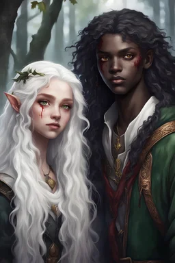 teenager girl with black skin and long snow-white hair next to a teenager girl with green eyes and blood-red curls, in the company of an elven teenager boy with long black hair