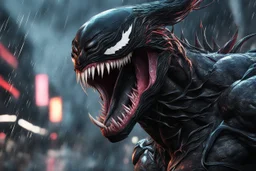 Venom beast in 8k anime cgi artstyle, dark wing them, neon effect, rain, apocalypse, intricate details, highly detailed, high details, detailed portrait, masterpiece,ultra detailed, ultra quality