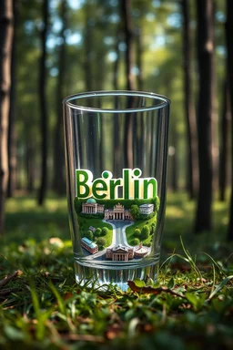 Create hyper-realistic photo of a glass tumbler in a wild forest. Inside, a miniature [Berlin] with landmarks. A trasparrent 3D text of [Berlin] blends naturally into the landscape . Soft bright daylight, reflections, and subtle imperfections like fingerprints. DSLR quality, sharp focus.