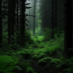 dark and quiet forest with abundant flora and rain
