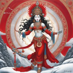 Vajrayogini rises red as a secret dawn in the high snows of Tibet, dancing on the corpse of the small, clinging self. Her curved blade flashes—thought severed at the root; her skull-cup brims—desire ripened into wisdom. Fierce, ecstatic, she wastes nothing: every passion is fuel for awakening. She is bliss wed to emptiness, fire married to boundless sky. In her image the seeker dissolves, finding the mind’s clear, deathless light. Swift mother of realization, she stands not as goddess alone but