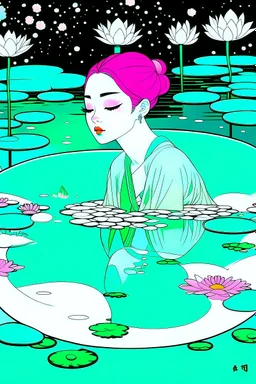 A green-haired woman with a peaceful expression lies at the bottom of the pool, with lotus flowers floating on the water, one big moon in the background, reflection, minimalist, animated artistic style, loose strokes, dynamic lighting, digital art, art by james jean, takato yamamoto, inkpunk minimalism