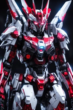 Photography HDR Cyber Mecha gundam,highly detailed, otherworldly appearance. Her porcelain-like skin is flawless and gleams with an ethereal glow, contrasting sharply with the deep black of her cybernetic armor. eyes are piercing through the darkness with their stunning red neon glow