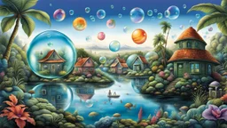 A imaginative illustration from of miniature creatures living in individual floating transparent bubbles. The gallery of bubbles features fantastical landscapes, each one unique and intriguing. In one bubble, a village of extraterrestrial beings thrives, while another features a mystical garden filled with fairies. Another bubble live elves, in another bubble a tropical paradise with dinosaurs. There are bubbles with alien planets, whimsical fairy-tale landscapes, icy land and futuristic city.