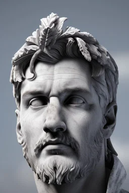 Ultra Realistic image, roman sculpture, deluxe white marble material, Lionel Messi, Laurel leaves wreath, Renaissance style, miguel angel David style, chisel style, emperor, waist up portrait, epic, celestial, cinematic lighting, God light, god rays, 4k resolution, smooth details, ornate details, unreal engine 5, blue vibrant background.