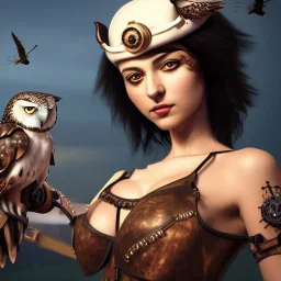 realistic, young cute girl with sword, short black hair. holding a owl. black tatoo on arm. dressed a steampunk pirate, bra with carved leather. Salvador dalì style. Ships in background with high details. 4k, unreal engine.