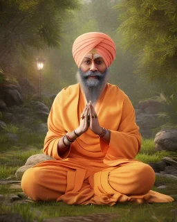 guru nanak dev ji wearing round saffron clothes, meditating and singing in the forests