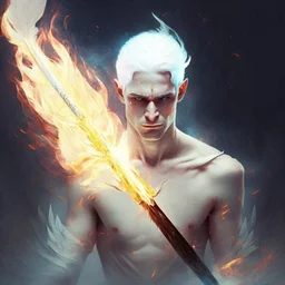 angel hombre caido de piel palida y cabellos blancoso con una lanza llameante