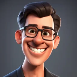 a portrait of smiling western man. caricature. black short hair. light skin. black eye pupils. rectangle eyeglasses, black frame. heart face shape. thick black goatee and moustache. wear black formal dress. pixar style. 3D. 4k. portrait. highly detailed. sharp focus. high resolution. full color. cinema lighting