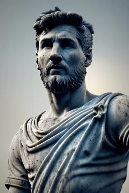 Ultra Realistic image, roman sculpture, deluxe white marble material, Lionel Messi, Laurel wreath, Renaissance style, miguel angel David style, chisel style, emperor, waist up portrait, epic, celestial, cinematic lighting, God light, god rays, 4k resolution, smooth details, ornate details, unreal engine 5, blue vibrant background.